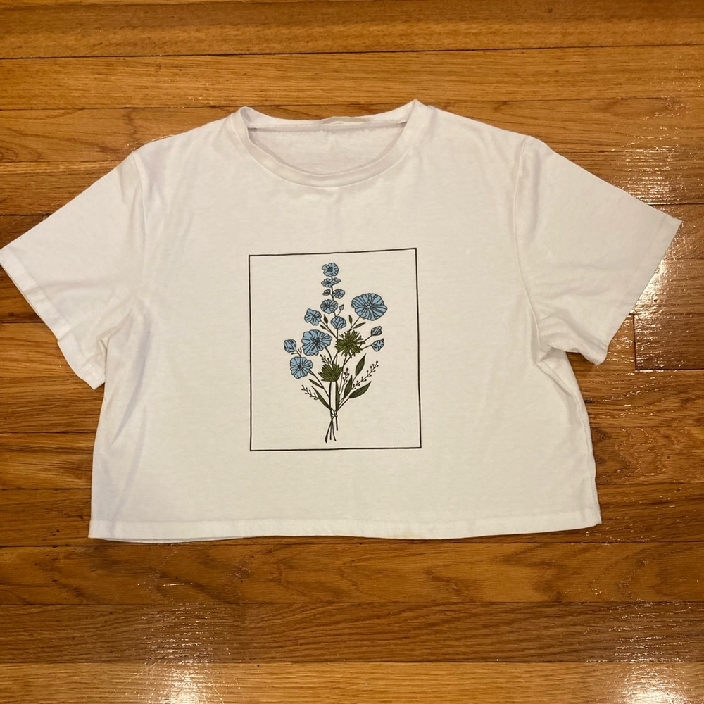 Romwe | Blue Flower Crop T-Shirt